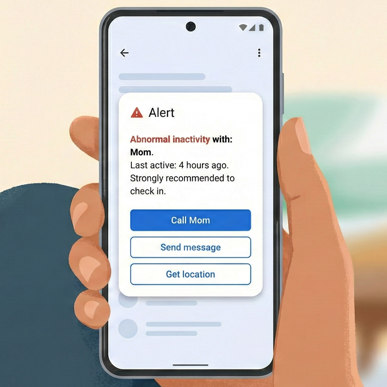 CareTrigger app showing an alert notification about abnormal inactivity with action buttons to call, message, or locate your loved one